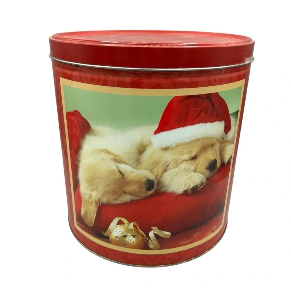 Christmas tin container holiday puppy tin storage decor gift box dog print